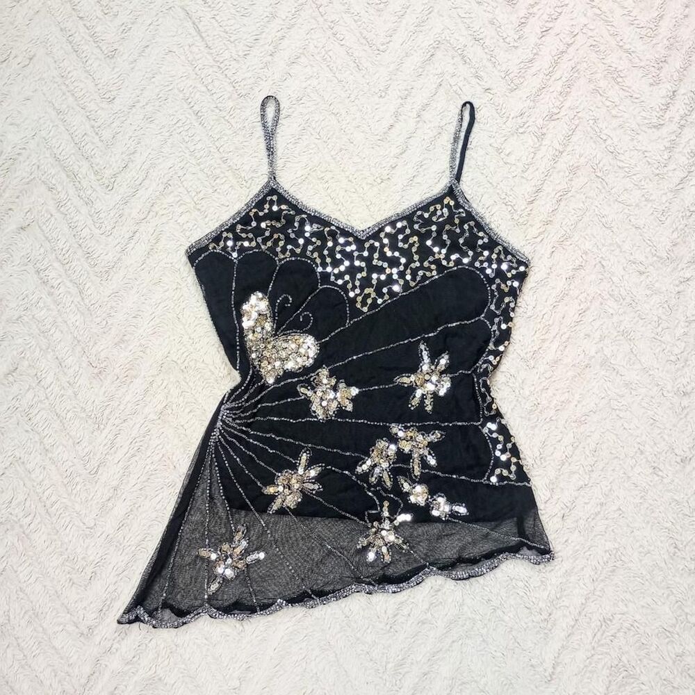 Y2K Black Sheer Beaded Butterfly Mermaid Top